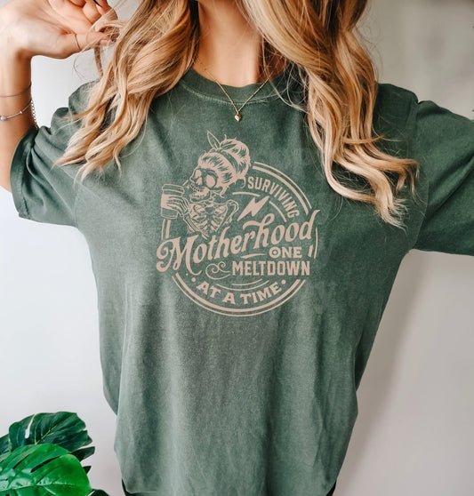 Surviving Motherhood Moms Green Shirt/Funny Mom Graphic Tee Shirt