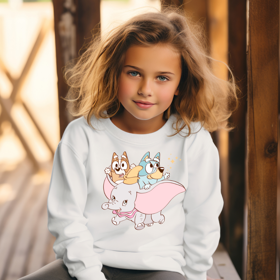 Blue dog and elephant kids crewneck sweater