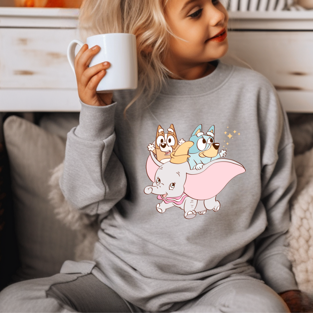 Blue dog and elephant kids crewneck sweater