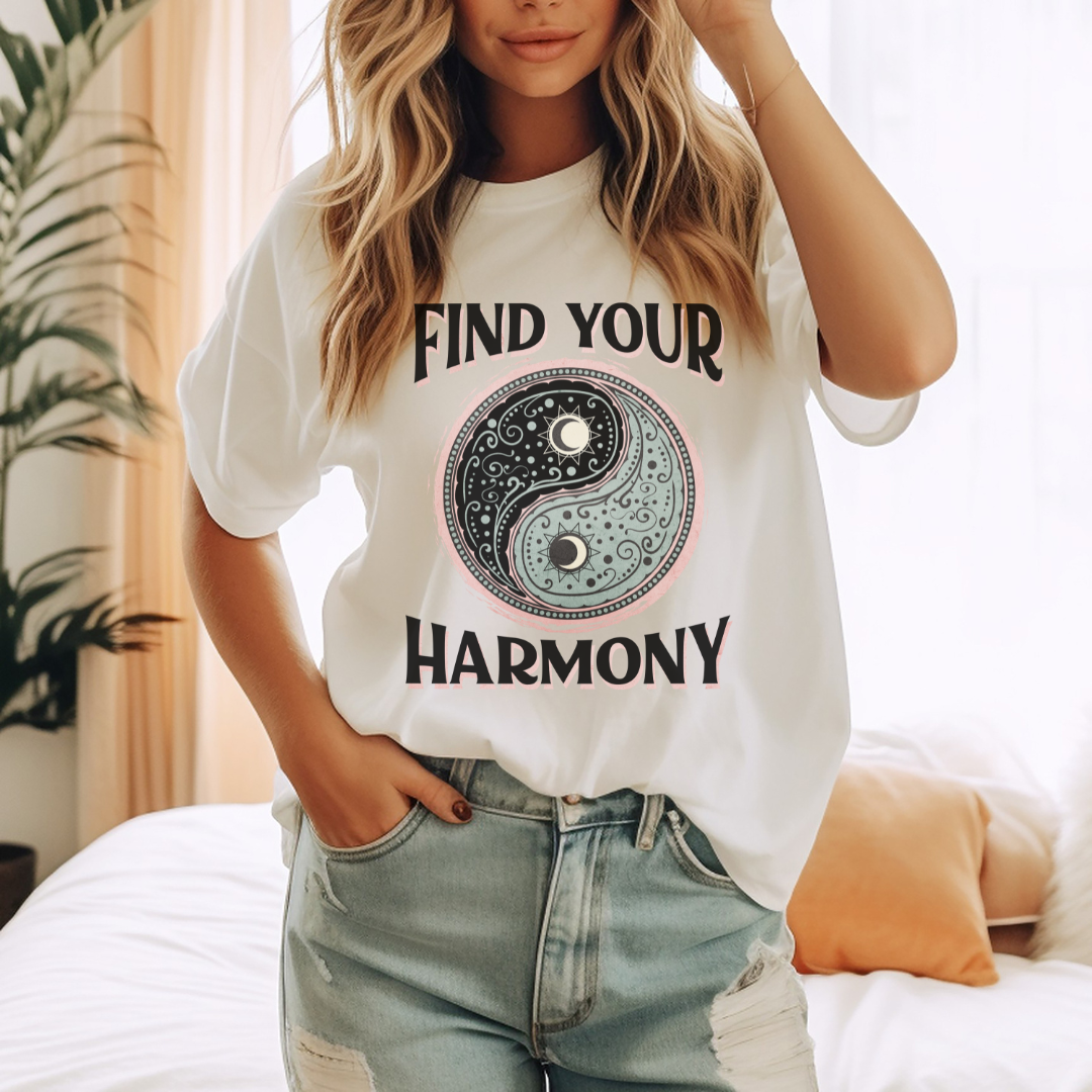 Find Your Harmony, ying yang, black and white Ladies Tee shirt