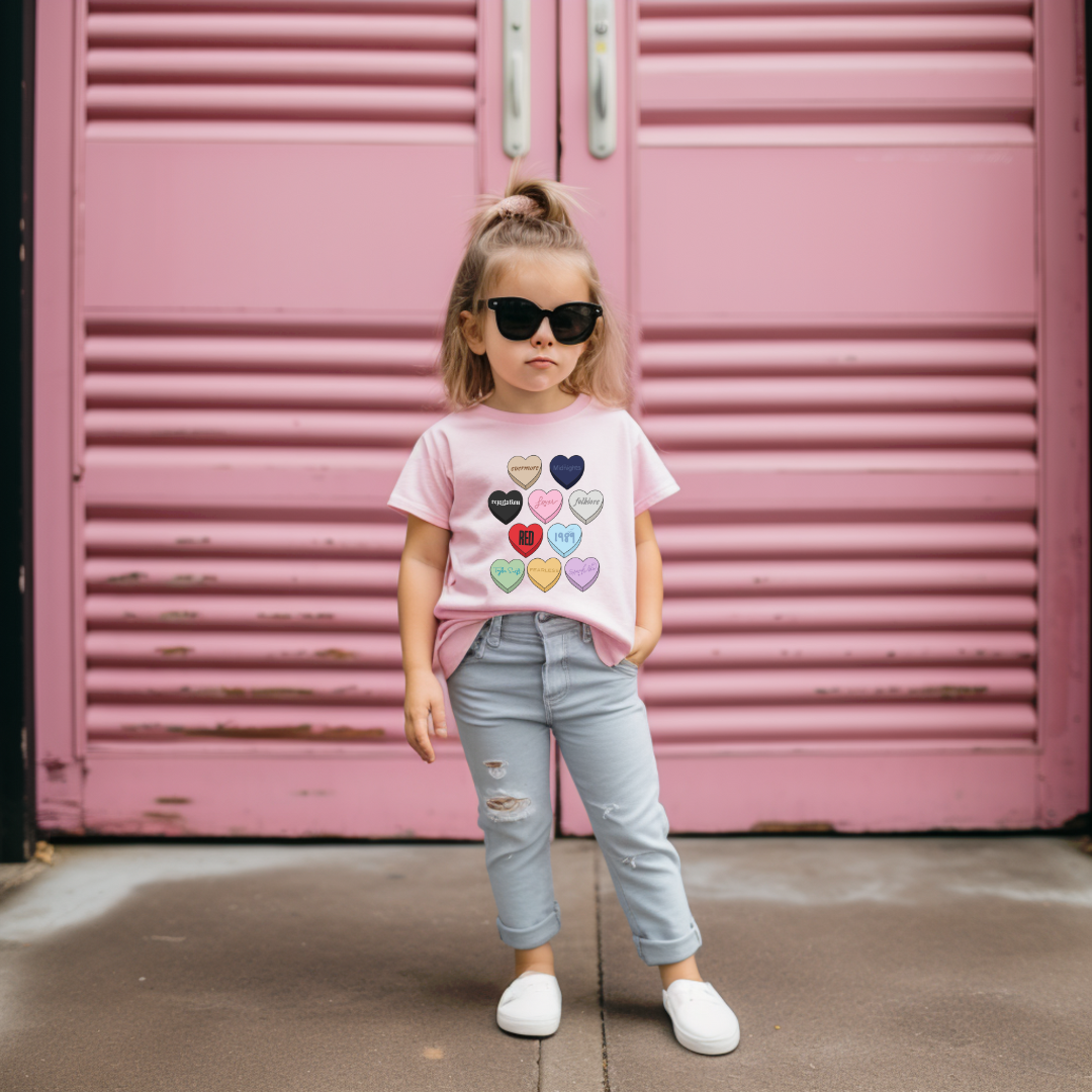 swiftie candy hearts kids tee shirt