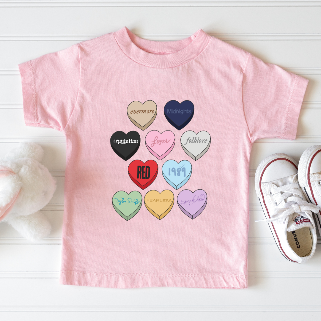 swiftie candy hearts kids tee shirt