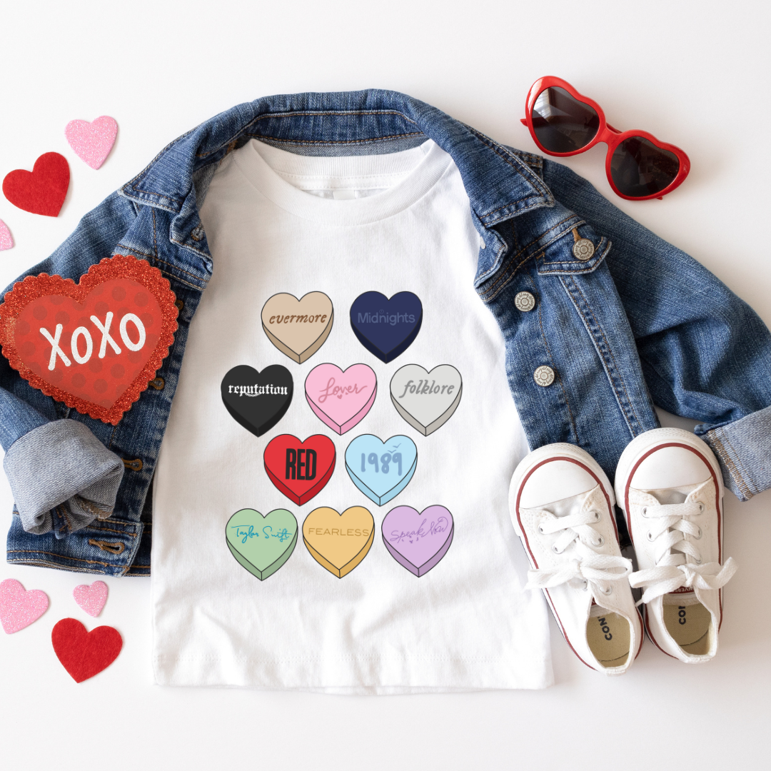 swiftie candy hearts kids tee shirt