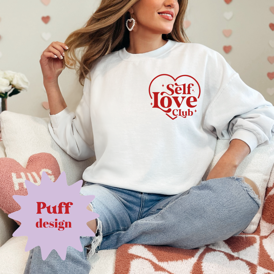 Self love red puff POCKET graphic ladies crewneck sweater