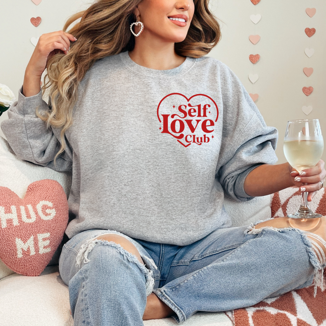 Self love red puff POCKET graphic ladies crewneck sweater