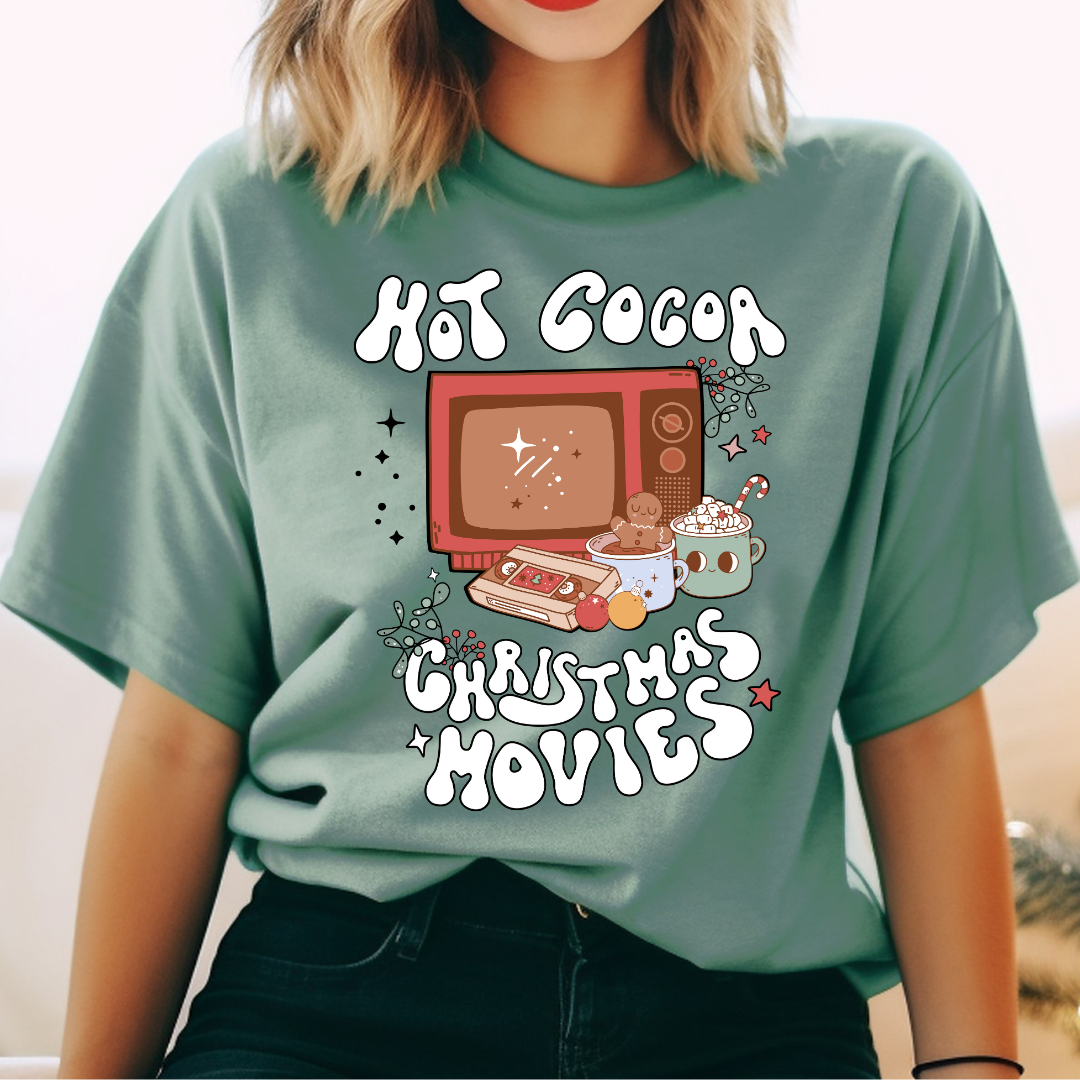 Hot cocoa and Christmas movies, Retro Christmas, Ladies Tee shirt, Christmas Tee shirt
