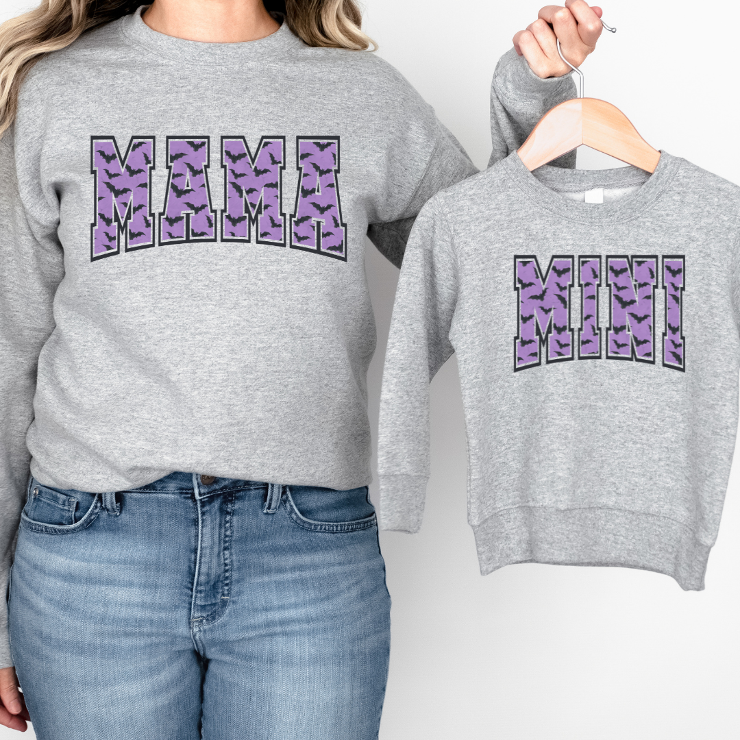 MAMA and MINI Halloween varisty with bats Crewneck sweaters