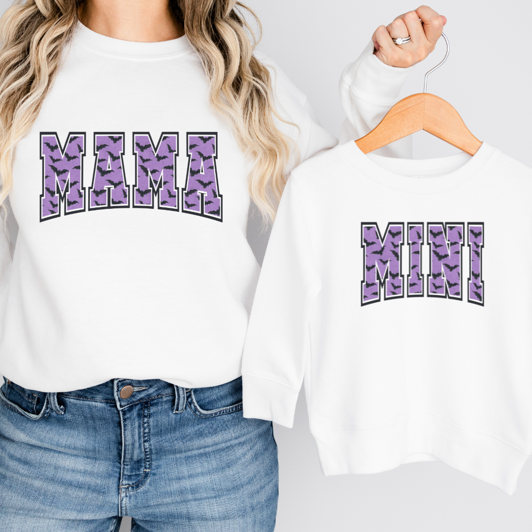 MAMA and MINI Halloween varisty with bats Crewneck sweaters