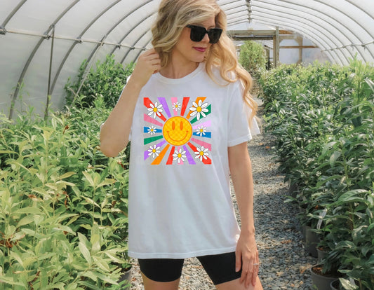 Rainbow Happy face Ladies graphic tee shirt