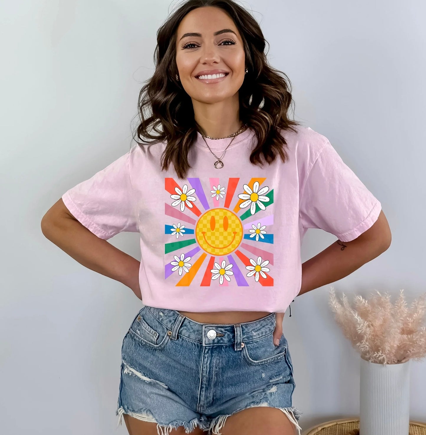 Rainbow Happy face Ladies graphic tee shirt