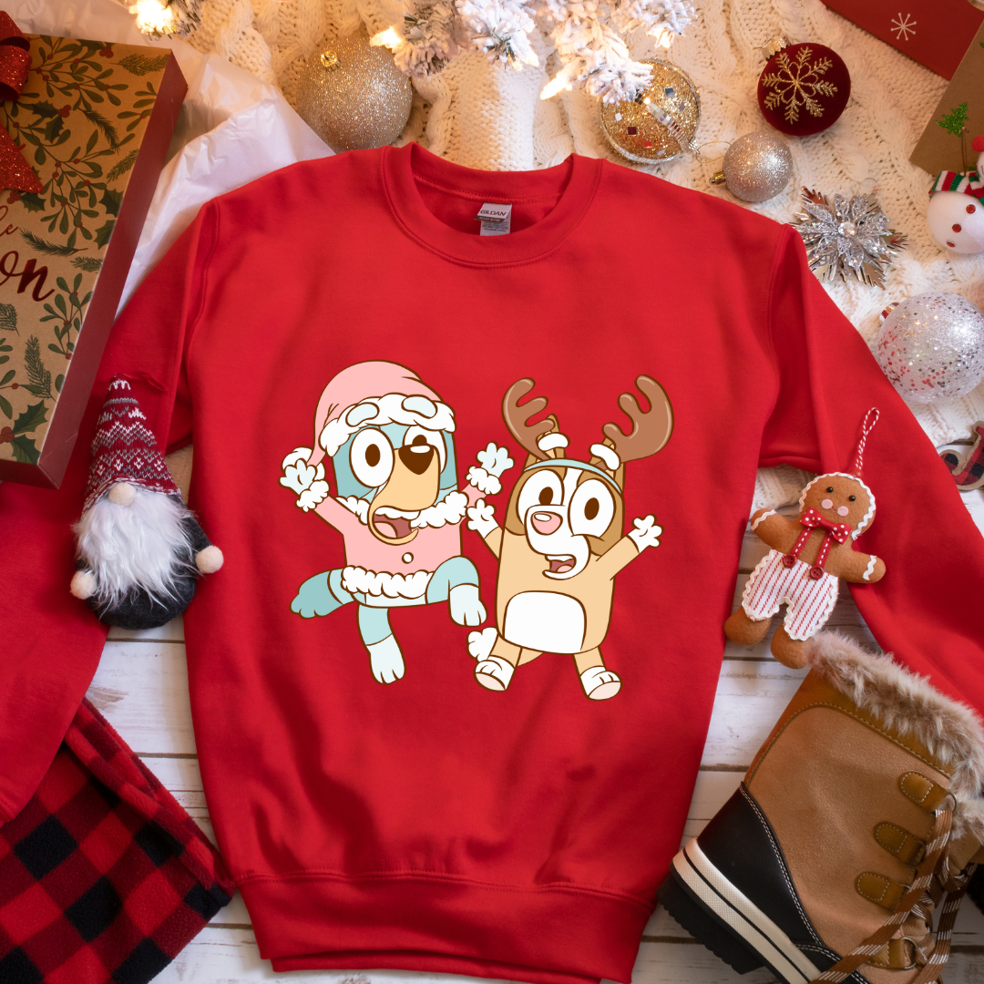 Blue Dog Christmas Graphic Kids Crewneck Sweater