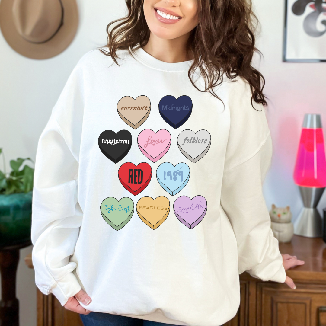 Swiftie Candy Heart Graphic Ladies Crewneck Sweater