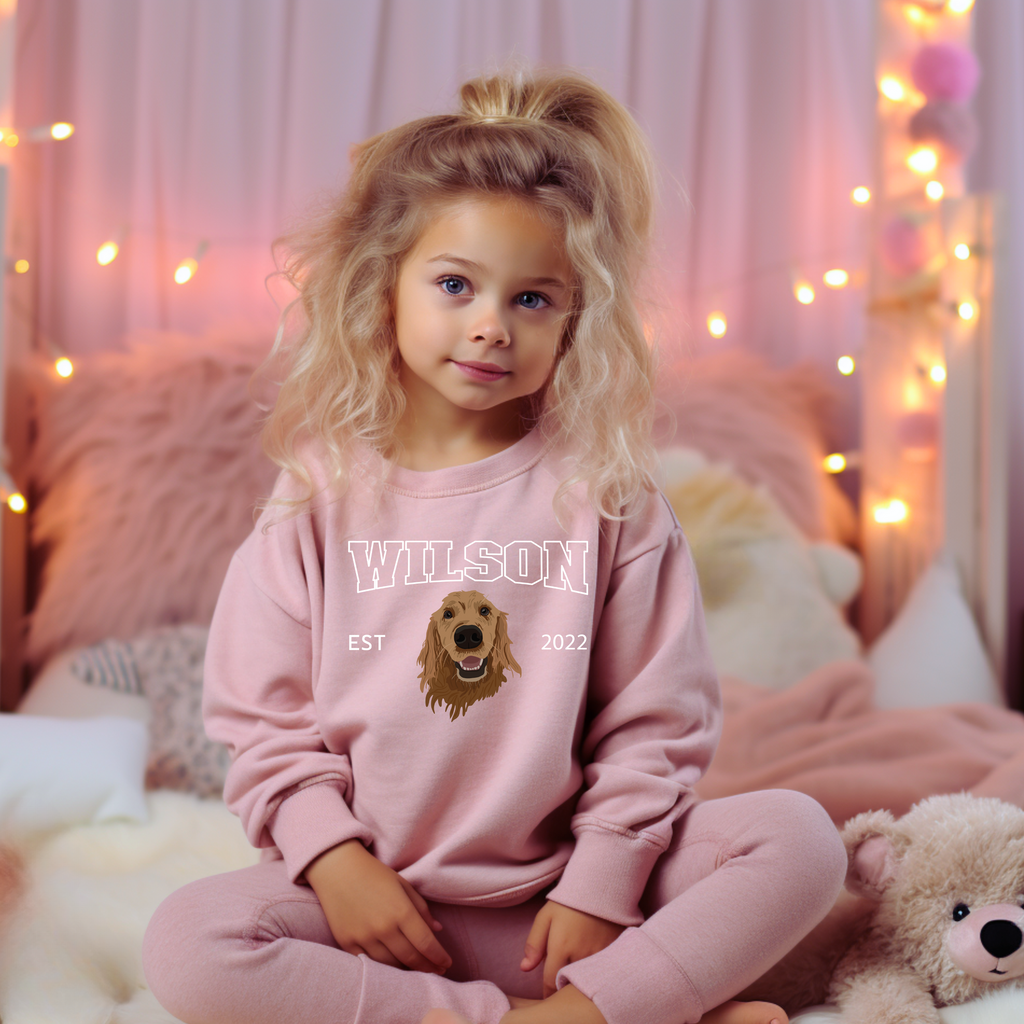 *CUSTOM* Pet Portrait Graphic Varsity Style Kids Crewneck Sweater
