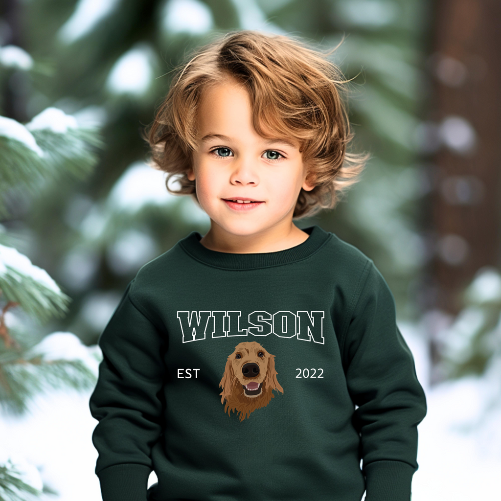 *CUSTOM* Pet Portrait Graphic Varsity Style Kids Crewneck Sweater