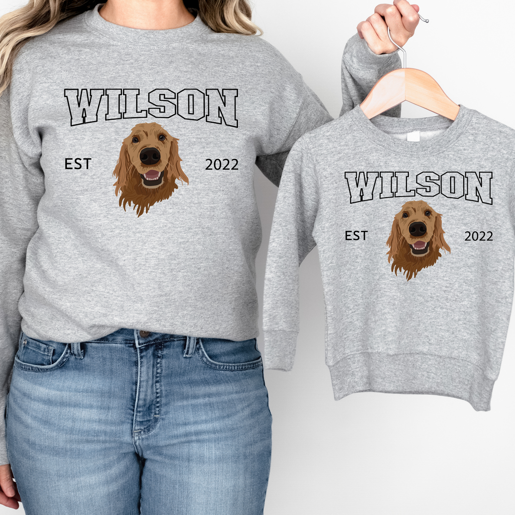 *CUSTOM* Pet Portrait Graphic Varsity Style Kids Crewneck Sweater