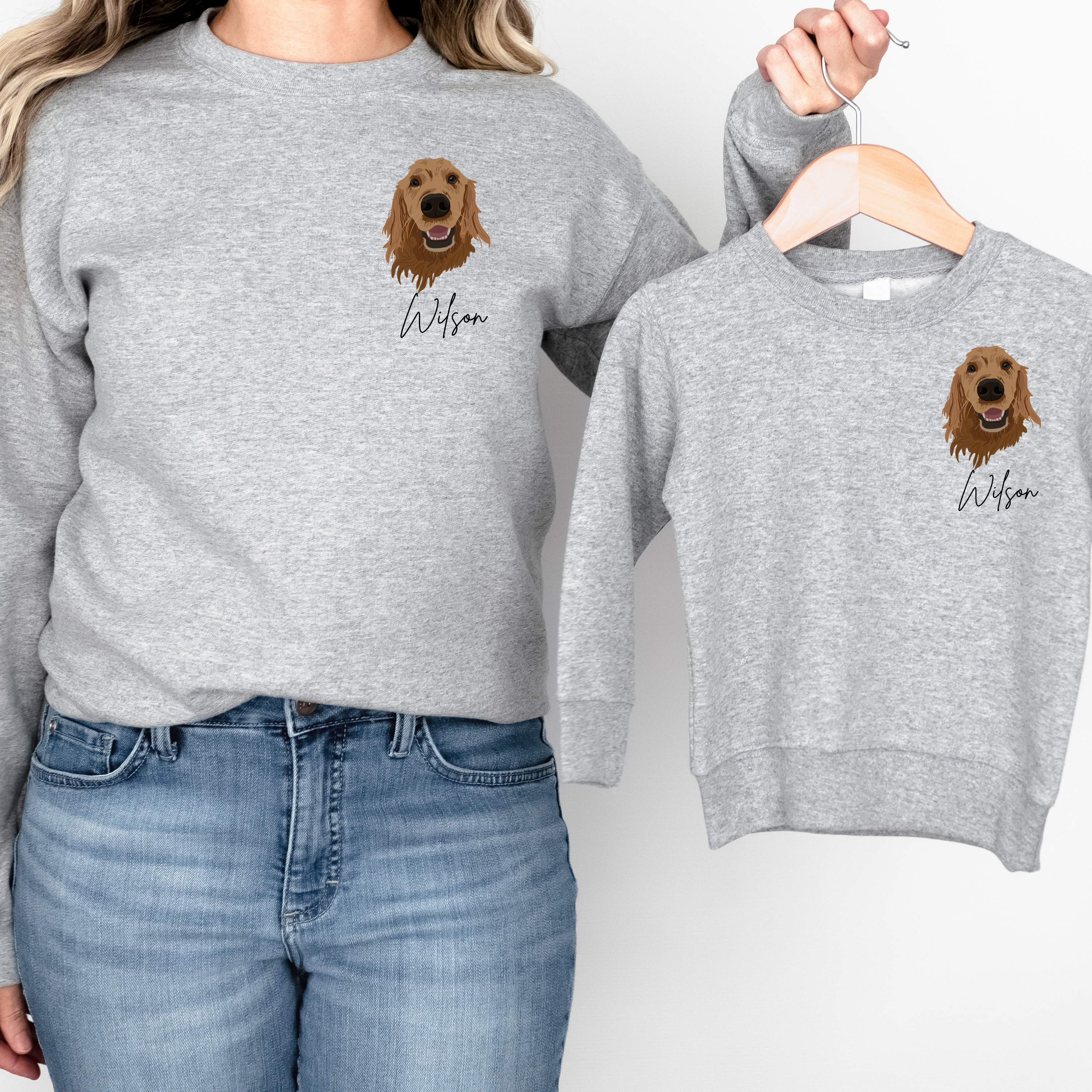 *CUSTOM* Pet Portrait Graphic with Left Pocket Placement Kids Crewneck Sweater