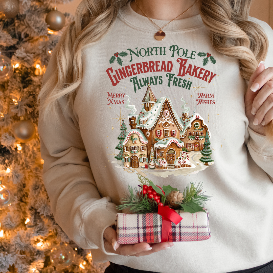 North Pole Gingerbread Bakery Graphic Ladies Crewneck Sweater
