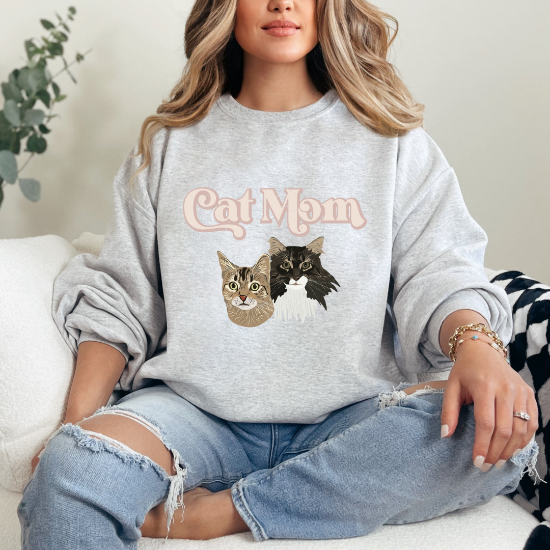*CUSTOM* "Cat Mom" Hand-Drawn Pet Portrait Crewneck Sweater