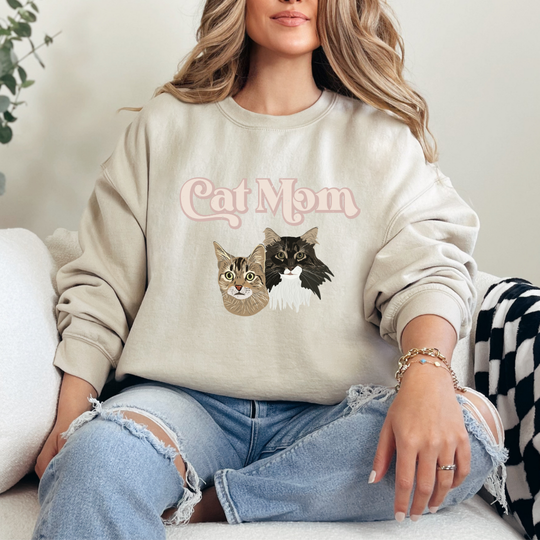 *CUSTOM* "Cat Mom" Hand-Drawn Pet Portrait Crewneck Sweater