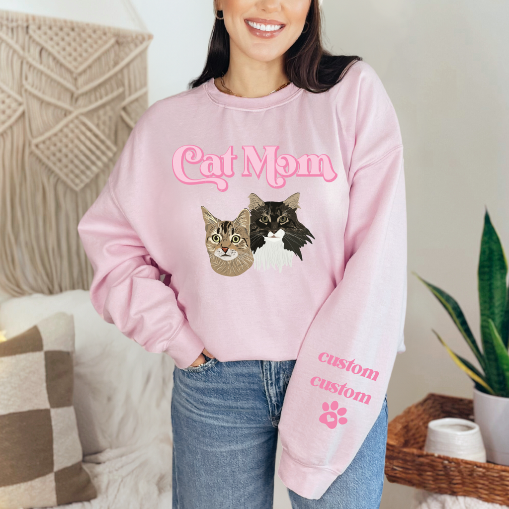 *CUSTOM* "Cat Mom" Hand-Drawn Pet Portrait Crewneck Sweater