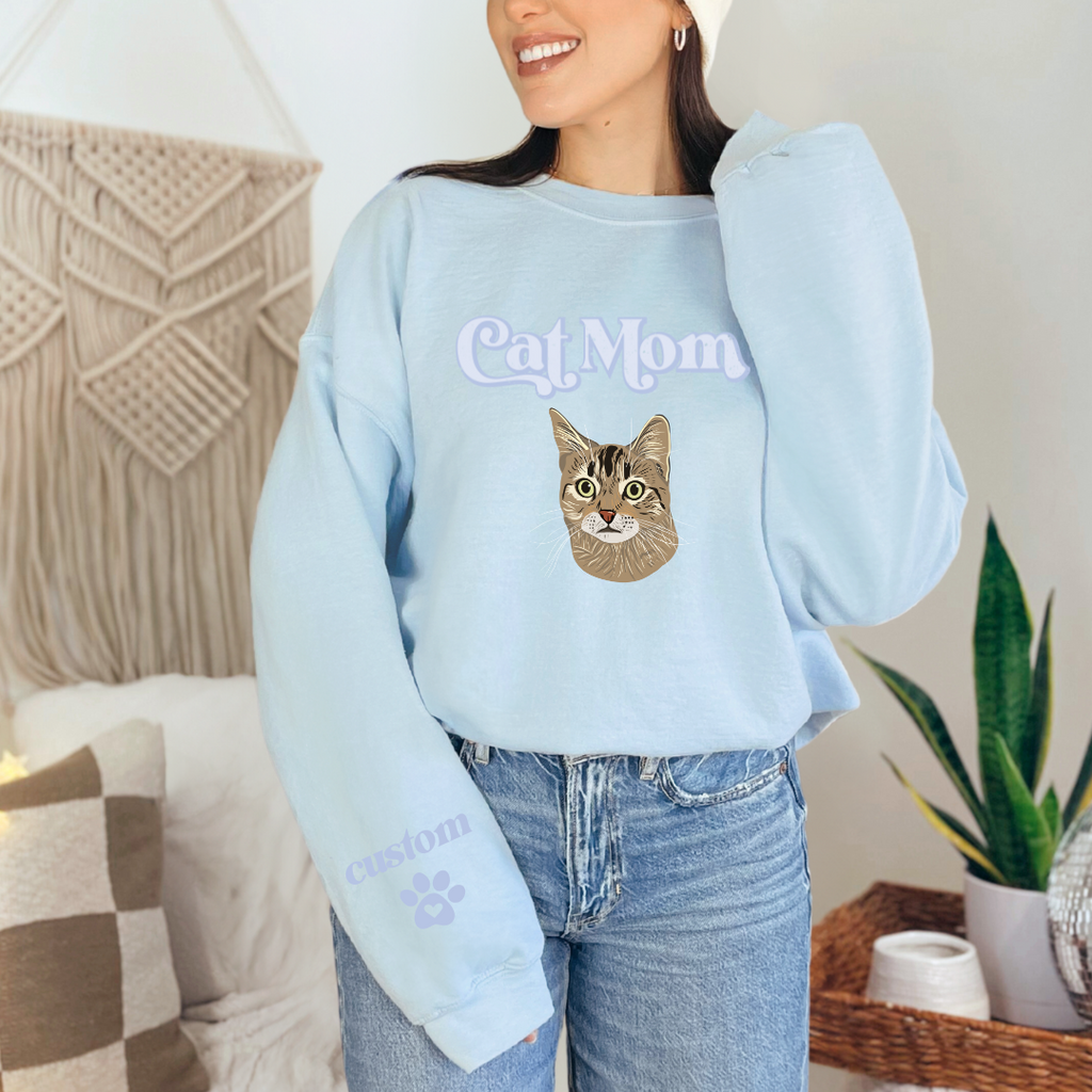 *CUSTOM* "Cat Mom" Hand-Drawn Pet Portrait Crewneck Sweater
