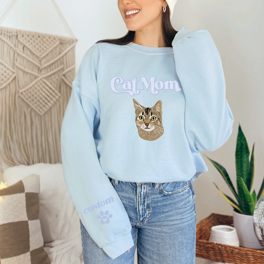 "Cat mom"  Pet collection Custom Pet Portrait graphic crewneck Sweater