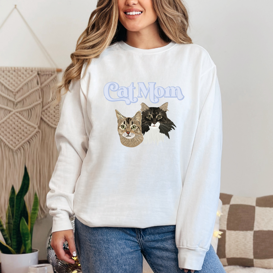 *CUSTOM* "Cat Mom" Hand-Drawn Pet Portrait Crewneck Sweater