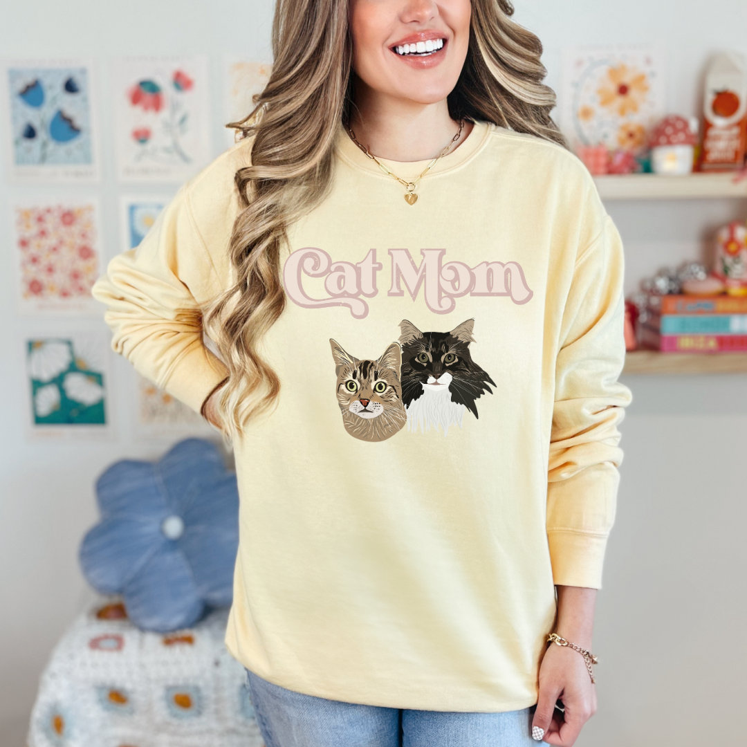 *CUSTOM* "Cat Mom" Hand-Drawn Pet Portrait Crewneck Sweater