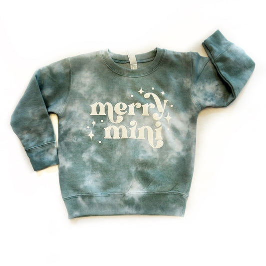 Merry mini, kids crewneck sweater, tie dye forest green