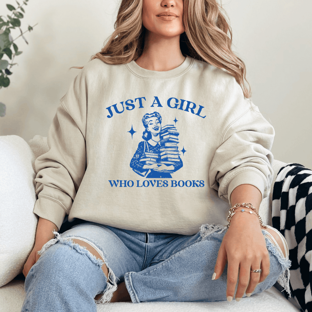 Just A Girl Who Loves Books Graphic Ladies Crewneck Sweater Birdie and Bee
