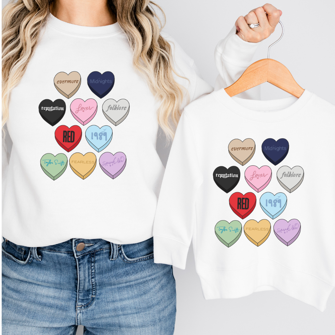 swiftie candy heart kids crewneck sweater