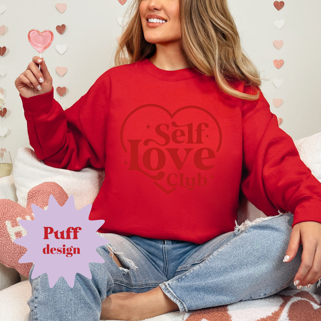 Self Love Club Red Puff Design Ladies Crewneck Sweater