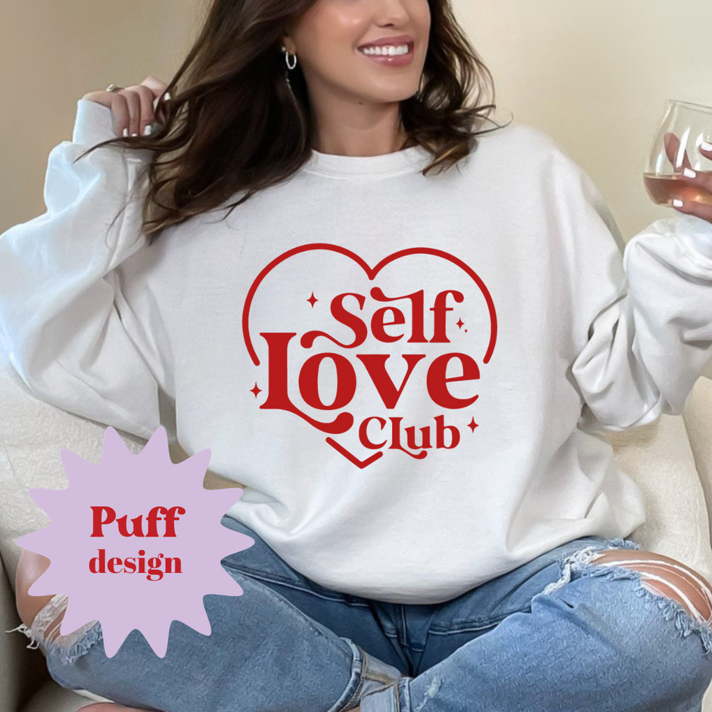 Self Love Club Red Puff Design Ladies Crewneck Sweater