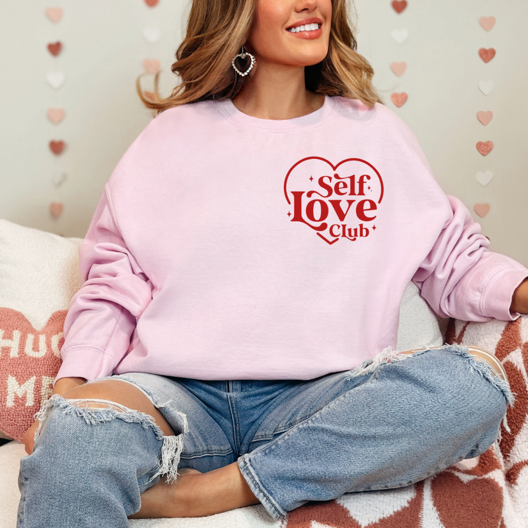 Self Love Club Red Puff Pocket Design Ladies Crewneck Sweater