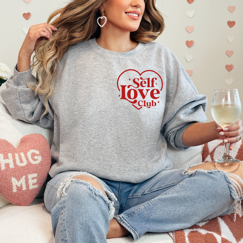 Self Love Club Red Puff Pocket Design Ladies Crewneck Sweater