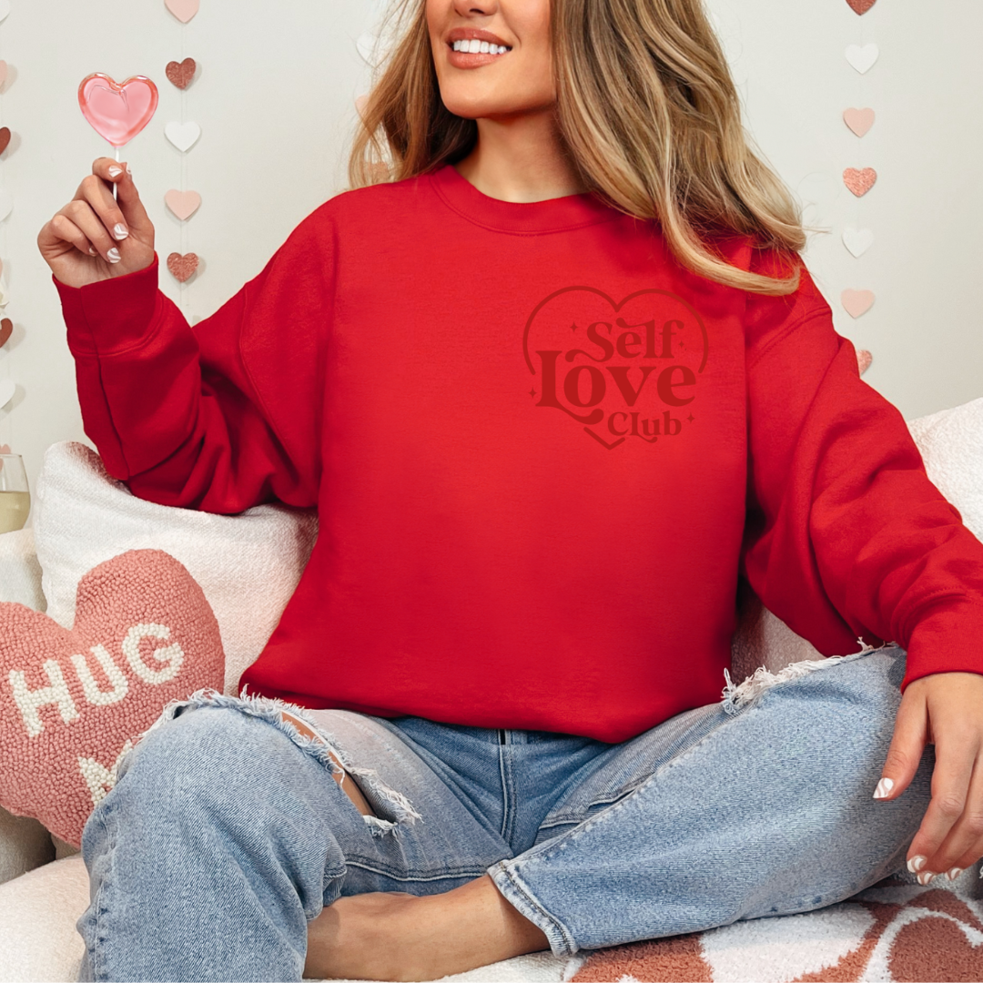 Self Love Club Red Puff Pocket Design Ladies Crewneck Sweater