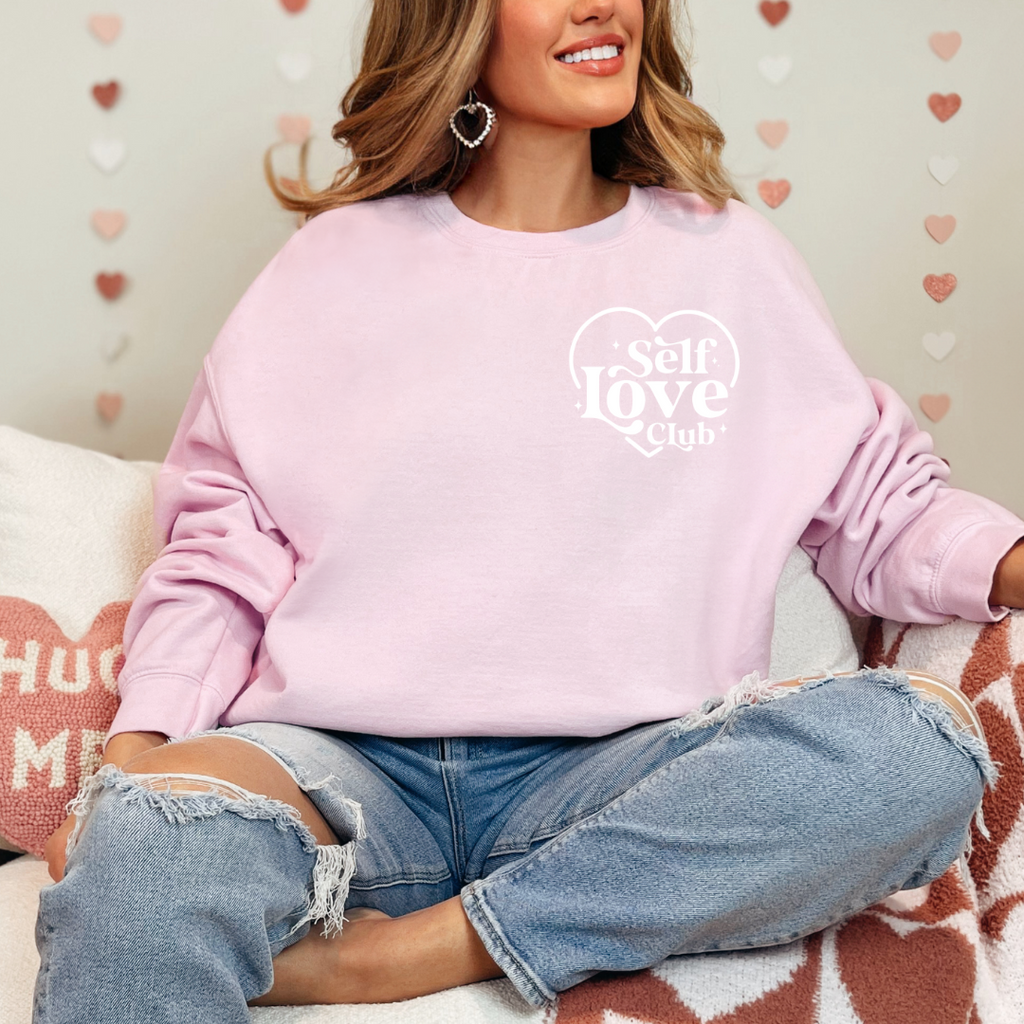 Self Love Club White Puff Pocket Design Ladies Crewneck Sweater
