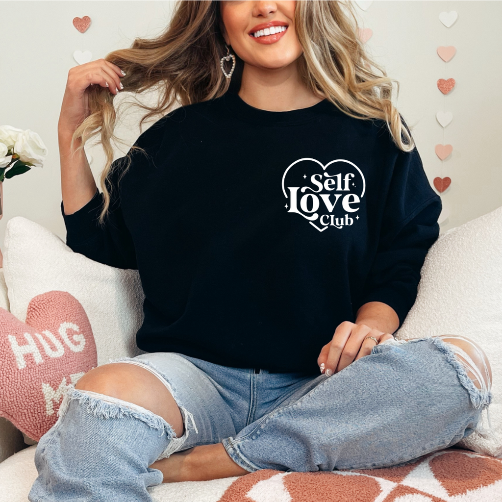 Self Love Club White Puff Pocket Design Ladies Crewneck Sweater