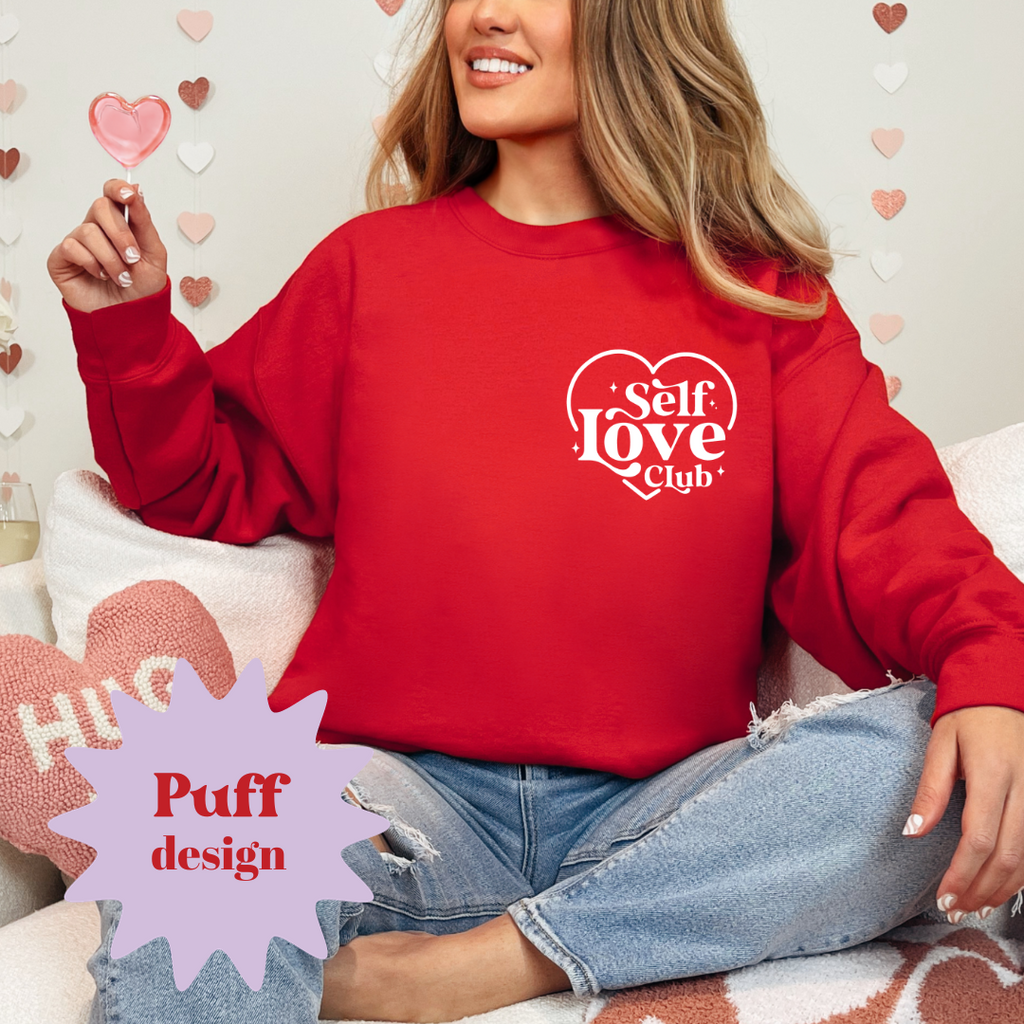 Self Love Club White Puff Pocket Design Ladies Crewneck Sweater