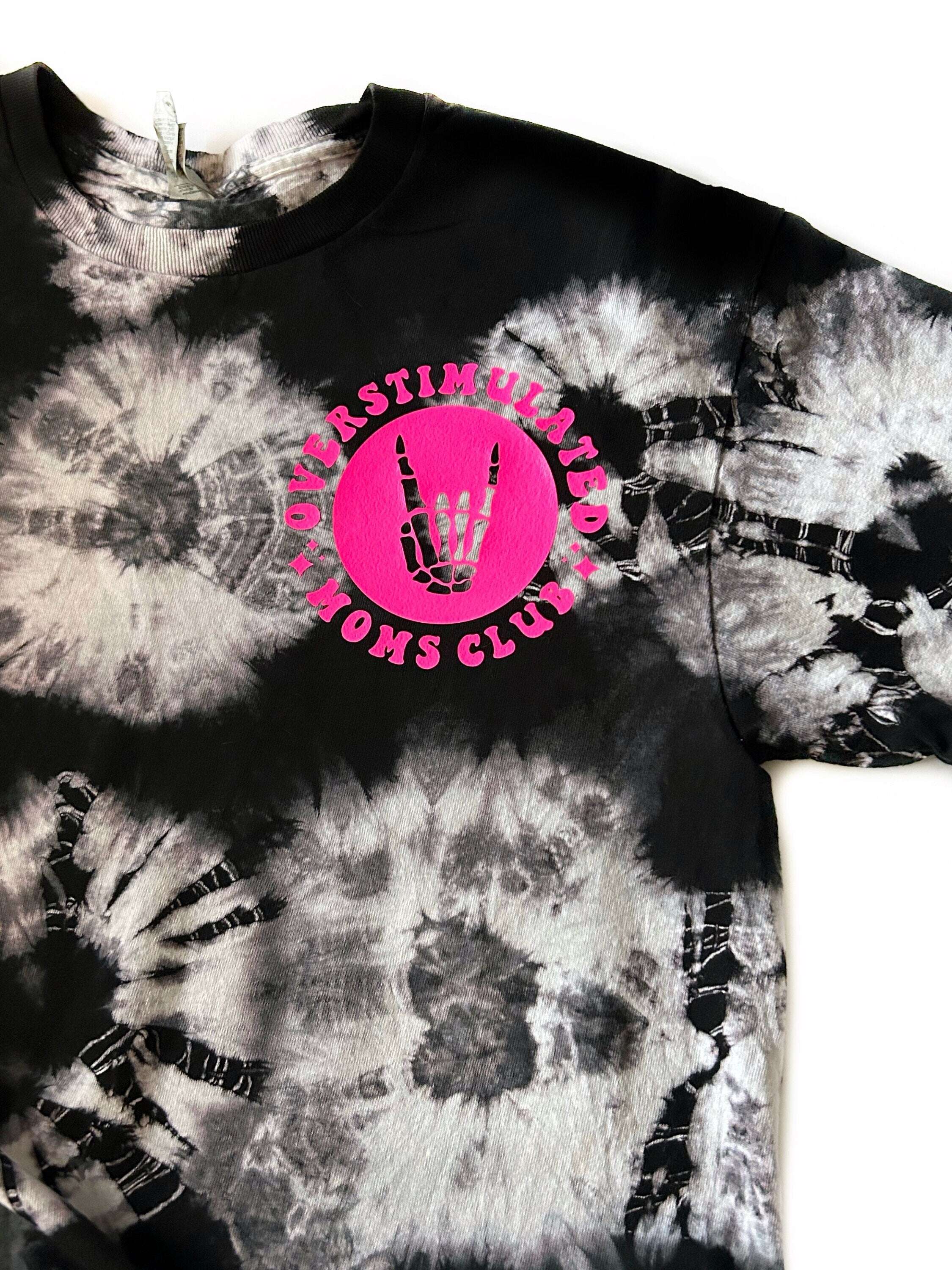 Overstimulated Moms Club Black-and-White Tie-Dye Ladies T-Shirt Birdie and Bee