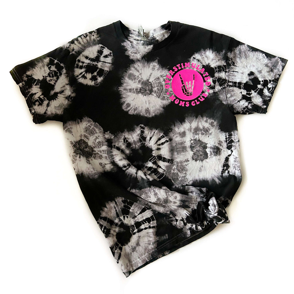 Overstimulated Moms Club Black-and-White Tie-Dye Ladies T-Shirt Birdie and Bee