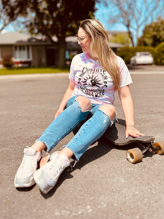 Positive Energy graphics Pink White Tie Dye Shirt/Boho hippie Graphic Tee Shirt Gift Plus Size